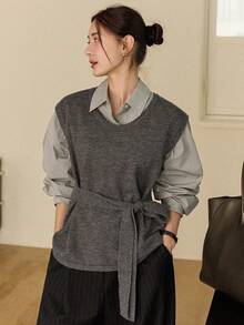 Dazy-Less Grey Loose Fit Sleeveless Pullover Sweater, Fashionable Casual For Autumn & Winter Business Casual Woman - Grey - View 5