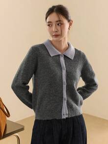 Dazy-Less 女士休闲宽松撞色长袖开衫毛衣，时尚百搭，适合秋冬季商务休闲场合。 - 灰色 - 查看 5