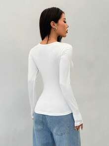 SHEIN PETITE 2pcs/Set Women Deep V-Neck Tight Long Basic Long Sleeve T-Shirt & Pullover Set, Suitable For Autumn/Winter - Black and White - View 2