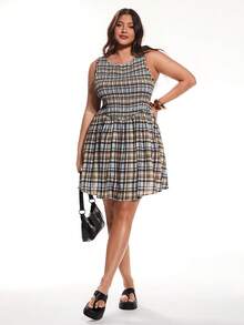 Solavibe 大码圆领无袖格子荷叶边下摆休闲夏季连衣裙 - 卡其色 - 查看 2