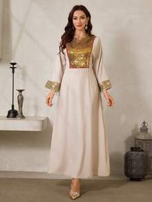 Al Najma 女士亮片拼接喇叭袖宽松时尚阿拉伯风格连衣裙 - 杏色 - 查看 4
