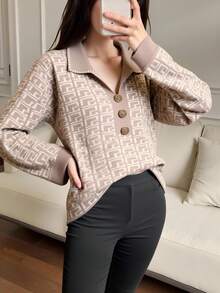 女士V领长袖毛衣，百搭设计，金属纽扣点缀，人字纹图案，棕色，休闲日常穿着 - 棕色 - 查看 1