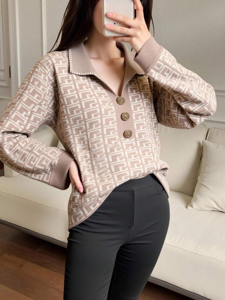 女士V领长袖毛衣，百搭设计，金属纽扣点缀，人字纹图案，棕色，休闲日常穿着 - 棕色 - 查看 1