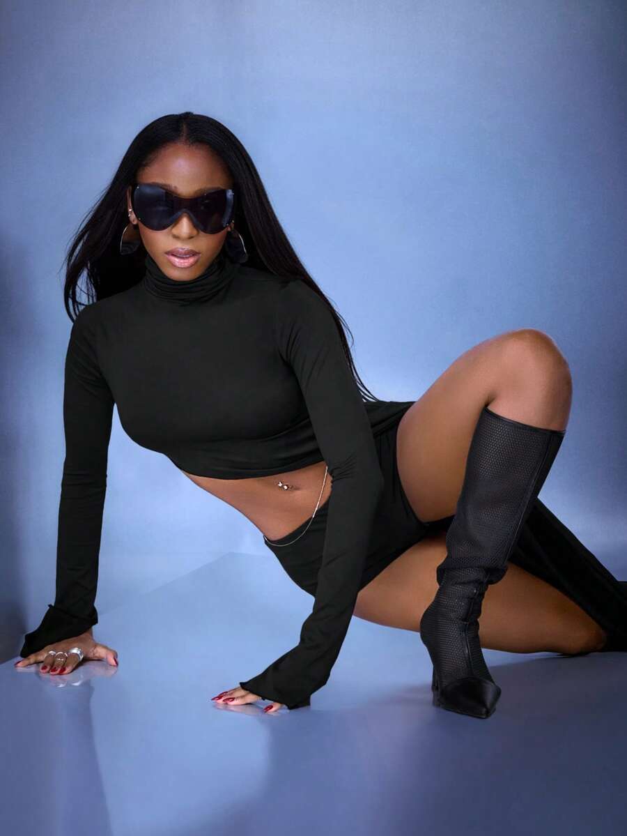 Normani Turtleneck Side Split Long Sleeve Top Holiday Ibiza Beachwear For Vacation Festival Rave Going Out Tops Club Halloween Fall Winter - Black - View 1