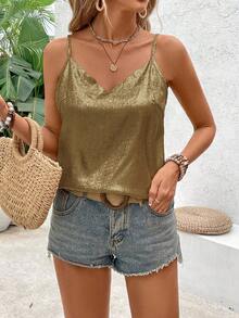 SHEIN Frenchy 女士夏季金屬質感寬鬆背心上衣，呈曲線狀下擺 - 金色 - 查看 1