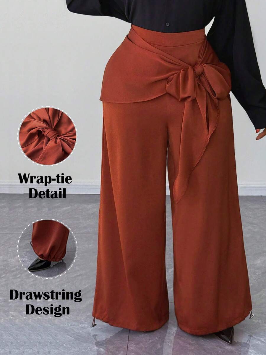 Maweii Quần dài thiết kế xoắn satin trơn màu thanh lịch cỡ lớn dành cho nữ, phù hợp cho mùa thu - màu nâu - Xem 1