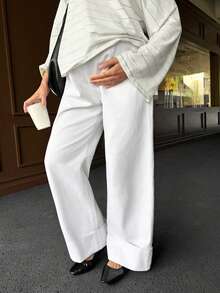 SHEIN Maternity Solid Color Casual Versatile Straight Leg Jeans White Women's Solid Elastic Waist Loose Lounge Straight Leg Pants White Wide Leg Pants White Pants Elastic Waist Trousers Minimalist Bottoms Elegant Long Pants Winter Spring Christmas New Year Thanksgiving Commuting Vacation Graduation Chic Y2k Cute Streetwear Party Wedding Elegant Business Casual Woman - White - View 7