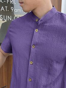 HIMLAND 男士纯色短袖单排扣休闲梭织衬衫 紫色衬衫 淡紫色衬衫 葡萄紫衬衫 紫色纽扣衬衫 男士紫色衬衫 - 紫色 - 查看 3