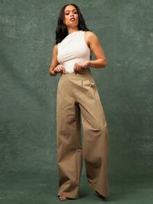 Vixey Quần ống rộng xếp ly không đối xứng, co giãn nhẹ - Màu Khaki - Xem 3