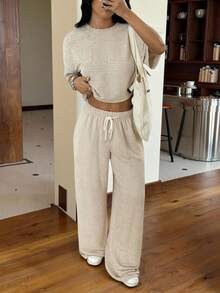 SHEIN EZwear 女士夏季休闲纯色纹理圆领落肩短袖 T 恤和裤子套装 - 卡其色 - 查看 5