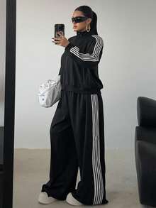 POPSWAY Plus Size Black Long Sleeve Zip-Up Jacket With Contrast Trim + Loose Straight Leg Pants With Contrast Trim, Elegant Vintage Casual Vacation Sports College 2-Piece Set, Autumn/Winter - Black - View 6