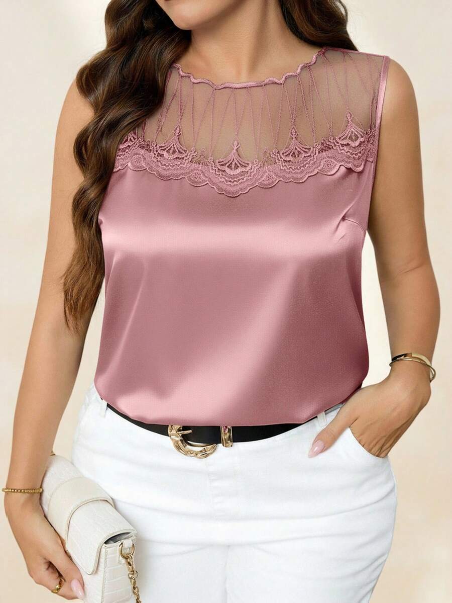 Chikora Plus Size Fashionable Elegant Mesh Patchwork Sleeveless Tank Top, Going Out Tops - Coral Pink - View 1