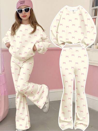 SHEIN Leap Crew 2 件套奶油白色和奶油粉色复古迷你蝴蝶结装饰休闲宽松厚圆领运动衫和喇叭裤套装，适合秋冬季，适合青少年女孩的服装，轻松舒适，秋季分层，时尚，休闲装，儿童图案服装，返校，秋季服装，返校节