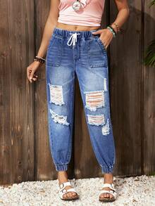 EMERY ROSE Women's Drawstring Waist Pocket Distressed Casual Jogger Jeans Winter New Year - Medium Wash - View 8