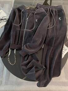 Resyla 女式灯芯绒连帽拉链卫衣两件套，秋冬 - 深灰色 - 查看 3