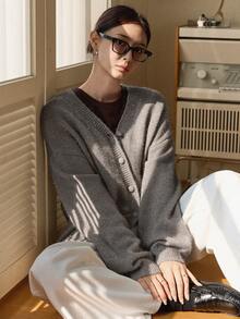 Dazy-Less Women's Casual Drop Shoulder Long Sleeve Knitted Cardigan, Autumn/Winter - Grey - View 2
