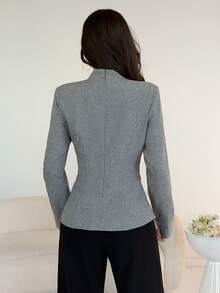 Modelyn 女士优雅灰色长袖A字褶皱衬衫，收腰设计，披肩领，秋季款 - 灰色 - 查看 2