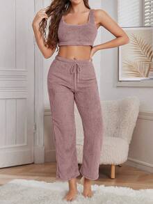 SHEIN 3件套女士休闲毛绒纯色背心、裤子和外套套装，秋冬可爱家居服套装，舒适保暖，长袖家居服套装，舒适套装 - 藕粉色 - 查看 4