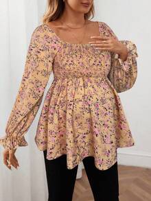 SHEIN 孕妇碎花灯笼袖衬衫，春季 - 黃色 - 查看 5