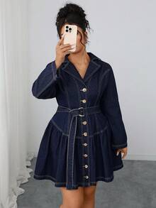 Elenzga Váy denim không co giãn màu xanh navy ôm sát thanh lịch cỡ lớn dành cho nữ, mùa thu/đông - Rửa tối - Xem 7