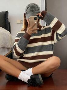 Livesso 女士休闲条纹高领毛衣，秋季 - 棕色 - 查看 3