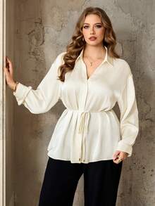 Roveilla Plus Size Women's French Elegant Luxurious Chic Christmas Party Minimalist High-End Casual Resort Workwear Vintage Comfortable Solid Satin Collared V-Neck Open Front Belted Flared Long Sleeve Shirt, Spring/Autumn/Winter Curvy Blouses Plus Size Blouses White Elegant Blouses Cream Blouse Plus Size Women Clothes Blouse