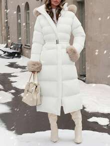 EURMUSE 带蓬松帽领和袖口的连帽大衣，配有腰带，及地长款，非常保暖且优雅 - 白色 - 查看 7