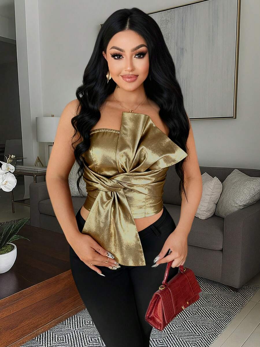 Vavine 女士时尚、优雅、性感蝴蝶结抹胸上衣 - 金色 - 查看 1