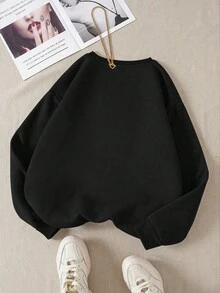 INAWLY 女士圆领套头卫衣，英文字母图案长袖套头卫衣，适合教师、返校季、毕业季、日常穿着、秋季穿搭 - 黑色 - 查看 2