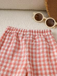 SHEIN Playful Pals Bộ áo thun tay ngắn màu trơn và quần kẻ caro cho bé gái mùa hè - Màu Hồng baby - Xem 5