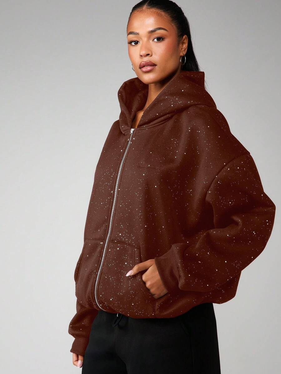 MISSGUIDED 闪亮水钻拉链连帽卫衣,带帽子和口袋,适合秋冬季休闲舒适穿着。 - 棕色 - 查看 1