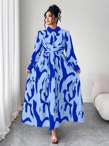 Elenzga 大码女式时尚优雅撞色衬衫领扭腰全印花A字衬衫裙，秋季优雅长袖连衣裙 - 藍色 - 查看 7