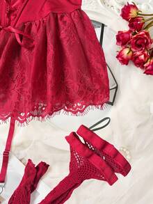 SHEIN 4pcs Set: Sexy Lace Ribbon Bow Spaghetti Strap Puff Skirt & Fishnet Stockings - Burgundy - View 3