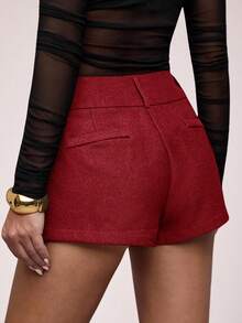 SHEIN BAE Women's Solid Color Waist Button Design Casual Commuter Shorts - Burgundy - View 2