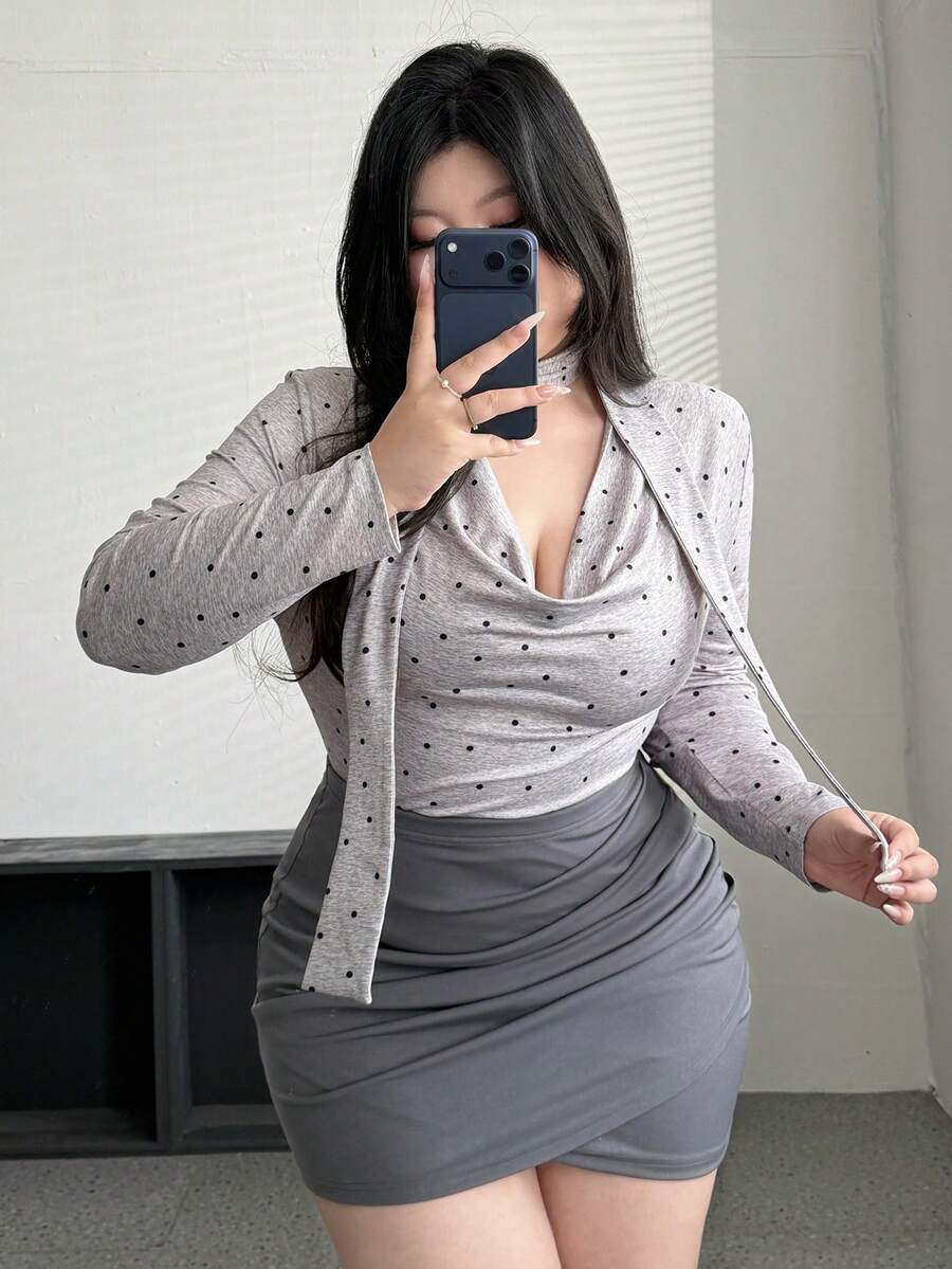 Vibekara Vintage Sweet Polka Dot Element Ruched Collar Long Sleeve T-Shirt And Pleated Bodycon Skirt 2-Piece Set, Elegant For Spring, Summer, Fall