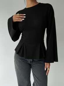 Aloruh 女士休闲圆领T恤，腰部褶皱设计，纯色T恤，适合日常通勤和居家穿着，长袖针织T恤，饰有花卉网眼图案 - 黑色 - 查看 3