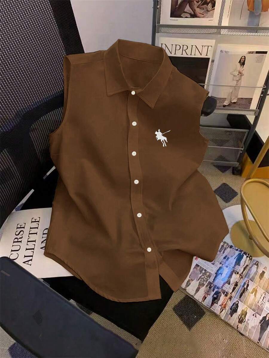 Lyxana Women's Solid Color Sleeveless Front Button Casual Shirt - Brown - View 1