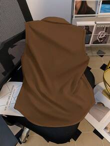Lyxana Women's Solid Color Sleeveless Front Button Casual Shirt - Brown - View 2