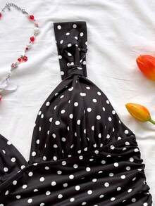 Soleia 女士优雅度假风波点针织面料扭结肩带褶皱修身吊带背心，适合度假、约会、下午茶、海滩、邮轮、城市旅行、海岛度假、音乐节、波西米亚风度假等场合，可内穿或外穿 - 彩色 - 查看 8