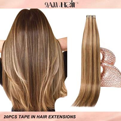 20pcs Straight Tape In 100% Human Hair P4/27 Extensions Silky Seamless Invisible For Thin Hair Woman Top Quality Thick Ends Healthy Human Hair Extensions Invisible Tape In For Salon