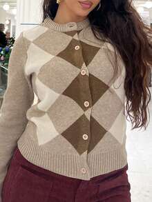 NegzBox Women's Casual Collegiate Style Patchwork Argyle Pattern Long Sleeve Button-Up Cardigan Sweater, Autumn - Multicolor - View 3