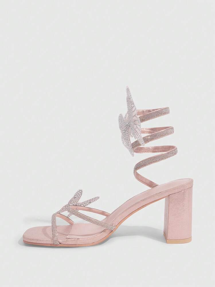 CUCCOO SZL Butterfly Decor Square Toe Elegant Summer Fashion High Heel Sandals Valentine's Day