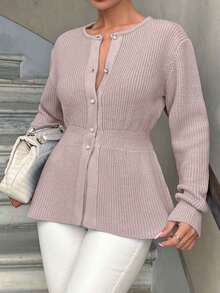 Knitwear Peplum Hem Cardigan With Fancy Buttons - Dusty Pink - View 5