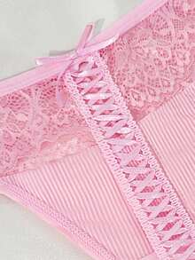 Women's Sexy Lace Patchwork Thong Panties - Pink - View 4