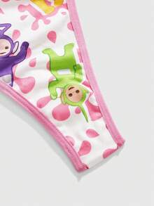 Teletubbies X ROMWE 3pcs Set: Cartoon Pattern Wireless Bra, Thong Panty, And Shorts - Multicolor - View 4