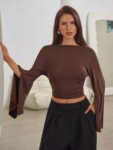 Aloruh Women's Elegant Commuter Solid Color Bell Sleeve Cropped Top,Casual Blouse For Women,Elegant Blouses For Women,Blown Tops Women - Coffee Brown - View 2
