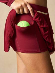 VARSIVA Women's Anchor Red Color Block Long-Sleeved Backless Top And Anchor Red Color Block Pleated Skirt With Built-In Jumpsuit Shorts Casual Tennis Set.