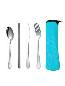 4 件套不锈钢餐具套装筷子刀叉勺（蓝色/紫色/粉色/绿色）和 3 件套银质餐具旅行餐饮必需品 - 彩色 - 查看 10