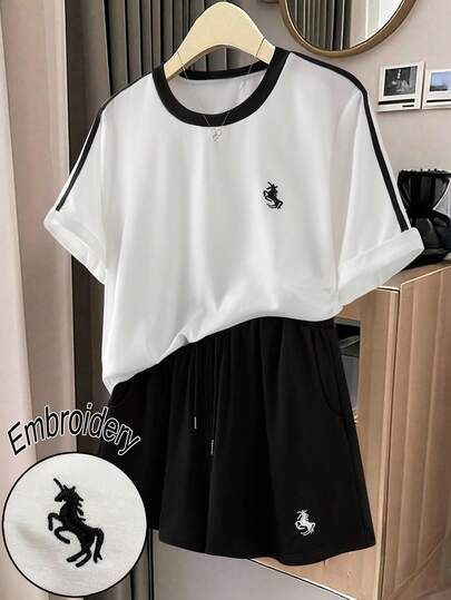 GlowEve CURVE Plus Size 2pcs Set, Casual Everyday Sports, Comfortable Lightweight Soft Skin-Friendly, Sophisticated Minimalist Fashion Embroidered Unicorn Outfit Summer Two Piece Set Two Piece Set Women Short Sleeve Two Piece Shirt And Shorts Set Aesthetic Clothes Short Sleeve Shorts Set Women Unicorn Embroidery Set
