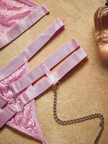 SHEIN Floral Lace Ring Linked Garter Lingerie Set With 1pair Leg Ring - Baby Pink - View 3